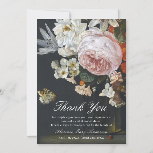 Black Floral Sympathy Memorial Dank u wel kaart (Voorkant)