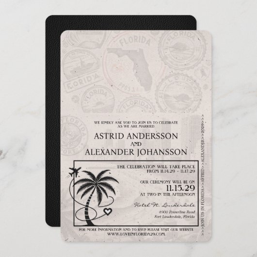 Black Florida Passport Wedding Invitation Kaart (Voorkant / Achterkant)