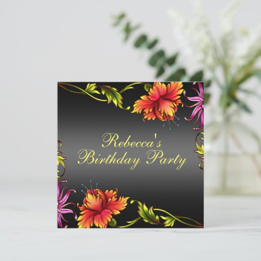 Black Flower Burst Ontwerp Verjaardag Uitnodiging (Staand voorkant)