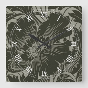 Black Flower Line Art Square Roman Numals klok