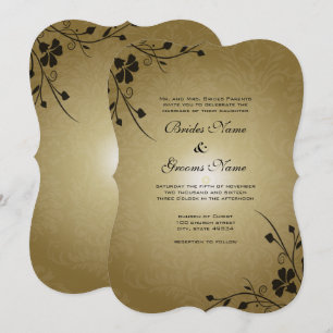 Black Flower Swirls on Gold Damask Wedding Invite Kaart