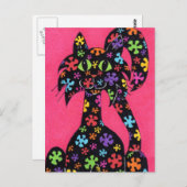 Black Flowered Cat Briefkaart (Voorkant / Achterkant)
