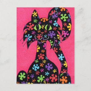 Black Flowered Cat Briefkaart
