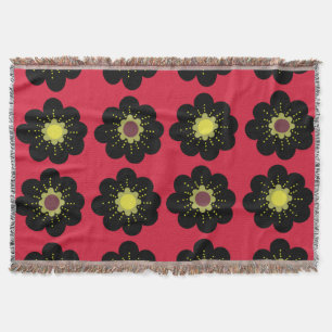 Black Flowers Red Background Scandinavian Flowers Deken