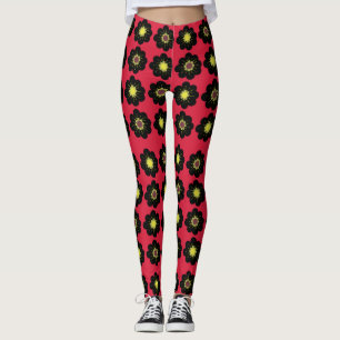 Black Flowers Red Background Scandinavian Flowers Leggings