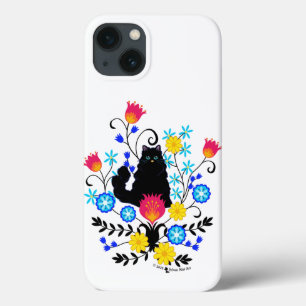 Black Fluffy Cat met bloemen iPhone 13 Hoesje