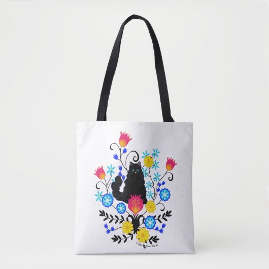 Black Fluffy Cat met bloemen Draagtas (Voorkant)