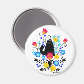 Black Fluffy Cat met bloemen Magneet (Voorkant / Achterkant)