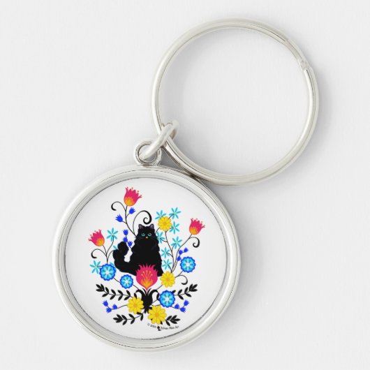 Black Fluffy Cat met bloemen Sleutelhanger (Voorkant)