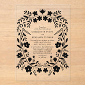 Black Folk Art Bloemen bruiloft Acryl Uitnodigingen (Voorkant)