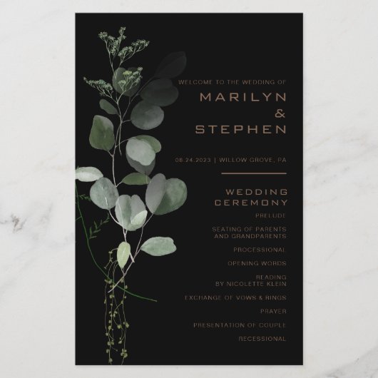 Black Formal Minimal Eucalyptus Wedding Programme (Devant)