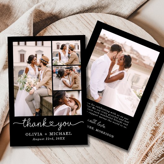 Black Four Fotocollage Script Wedding Bedankkaart