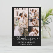 Black Four Fotocollage Script Wedding Bedankkaart (Staand voorkant)
