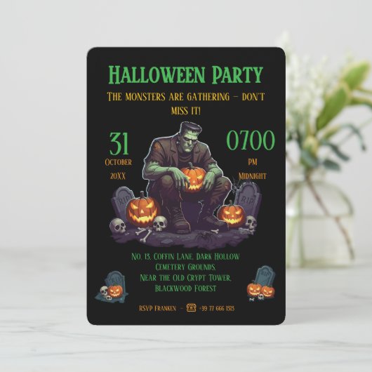 🖤 Black Frankenstein Halloween Party Invitation (Debout devant)