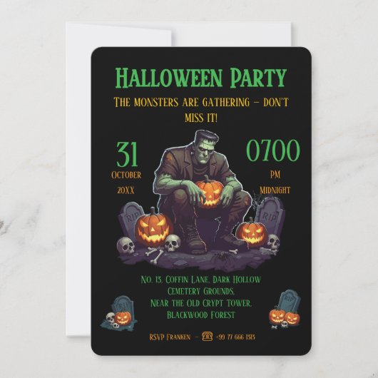 🖤 Black Frankenstein Halloween Party Uitnodiging (Voorkant)