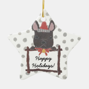Black French Bulldog, Frenchie Feestdagen, Kerstmi Keramisch Ornament