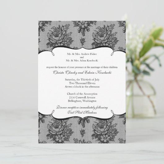 Black French Lace Wedding Invitation Kaart (Staand voorkant)