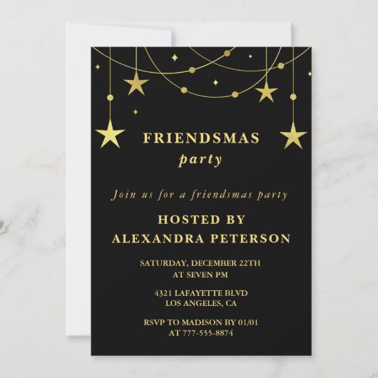 Black Friendsmas invitations Party Gold Stars (Devant)