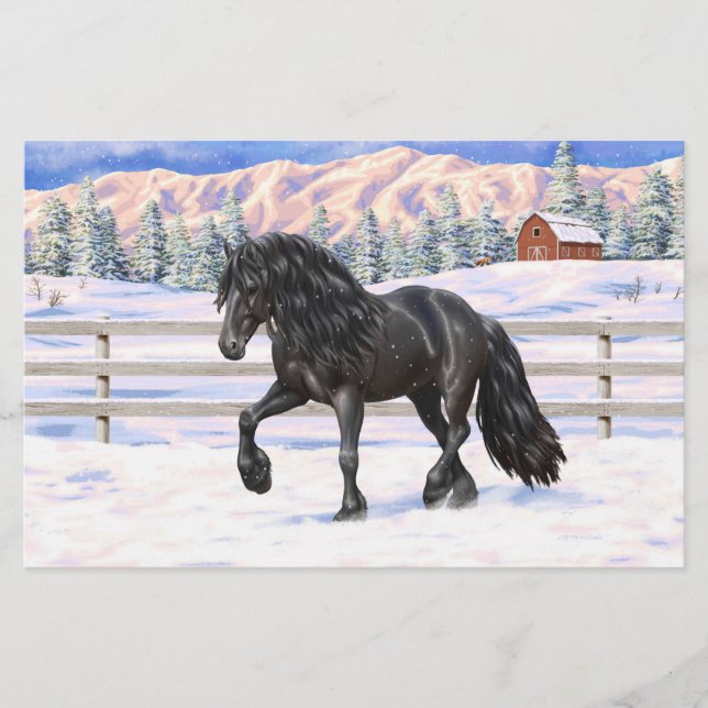 Black Friesian Draft Horse in Snow (Voorkant)