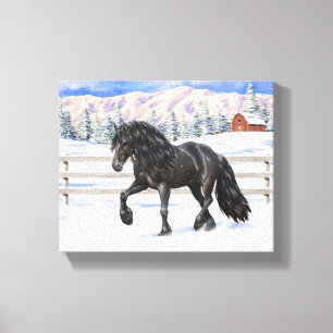 Black Friesian Draft Horse in Snow Canvas Afdruk