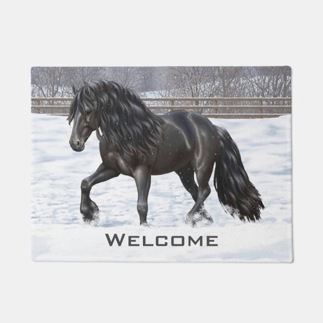 Black Friesian Draft Horse in Snow Deurmat (Voorkant)