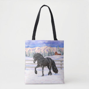 Black Friesian Draft Horse in Snow Draagtas