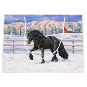 Black Friesian Draft Horse in Snow Groot Cadeauzakje