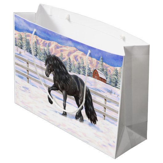 Black Friesian Draft Horse in Snow Groot Cadeauzakje (Achterkant Gekanteld)