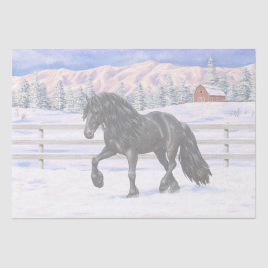 Black Friesian Draft Horse in Snow Tissuepapier (Voorkant)