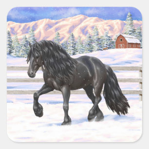 Black Friesian Draft Horse in Snow Vierkante Sticker