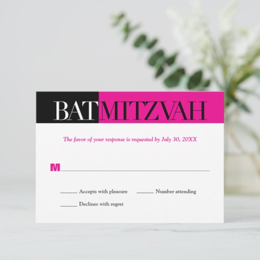 Black Fuchsia Block Bat Mitzvah Reply RSVP (Staand voorkant)