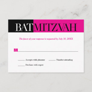Black Fuchsia Block Bat Mitzvah Reply RSVP Kaartje