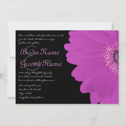 Black & Fuchsia Gerber Daisy Wedding Invitation Kaart (Voorkant)
