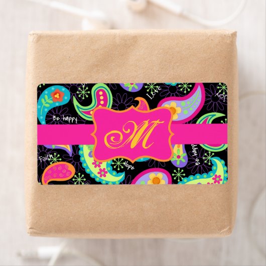 Black Fuchsia Pink Modern Paisley Monogram Etiket (Insitu)