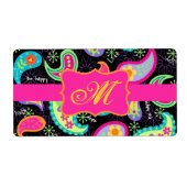 Black Fuchsia Pink Modern Paisley Monogram Etiket (Voorkant)