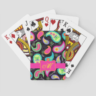 Black Fuchsia Pink Modern Paisley Monogram Pokerkaarten