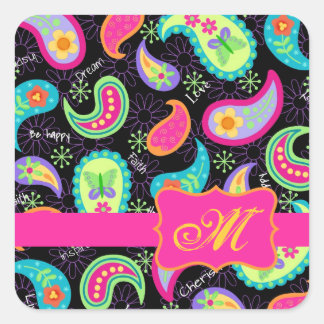 Black Fuchsia Pink Modern Paisley Monogram Vierkante Sticker
