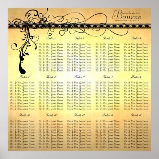 Black Funky Elegant Swirls Seine Chart Tables Poster (Voorkant)