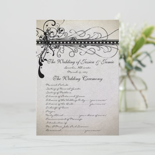 Black Funky Stines Lights Swirls Wedding Programme (Debout devant)
