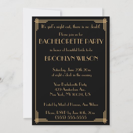 Black Gatsby Art Deco Bachelorette Party nodigt ui Kaart (Voorkant)