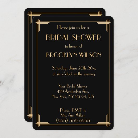 Black Gatsby Art Déco Fêtes des mariées Invitation (Devant / Derrière)