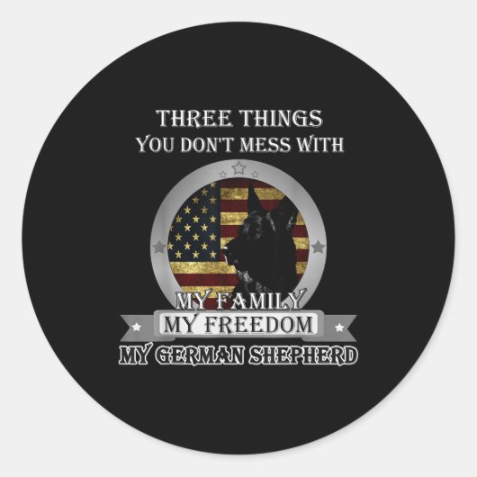 Black German Shepherd American Flag Three Things Y Ronde Sticker (Voorkant)