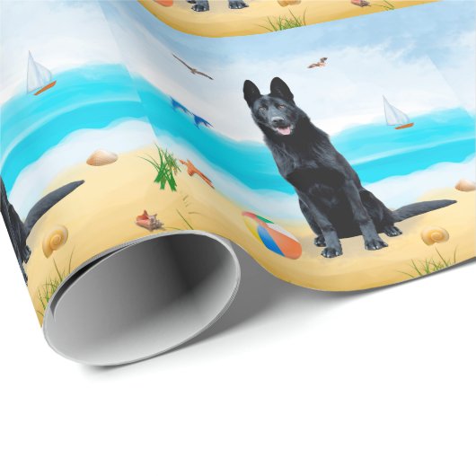 Black German Shepherd Dog on Beach Cadeaupapier (Rol Hoek)