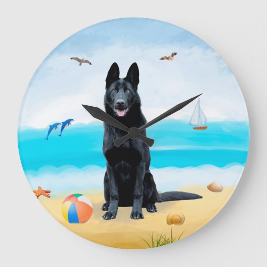 Black German Shepherd Dog on Beach Grote Klok (Voorkant)