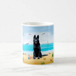 Black German Shepherd Dog on Beach Koffiemok