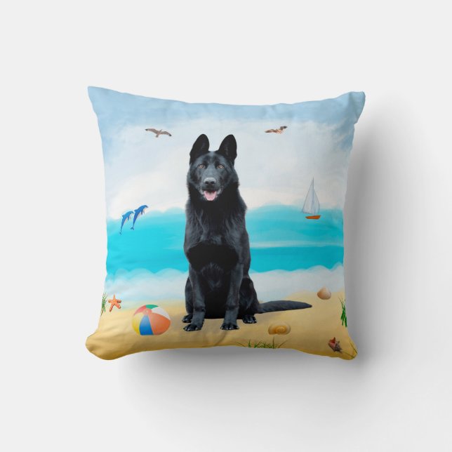 Black German Shepherd Dog on Beach Kussen (Voorkant)