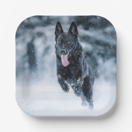 Black German Shepherd in snow Duvet Cover Papieren Bordje (Voorkant)