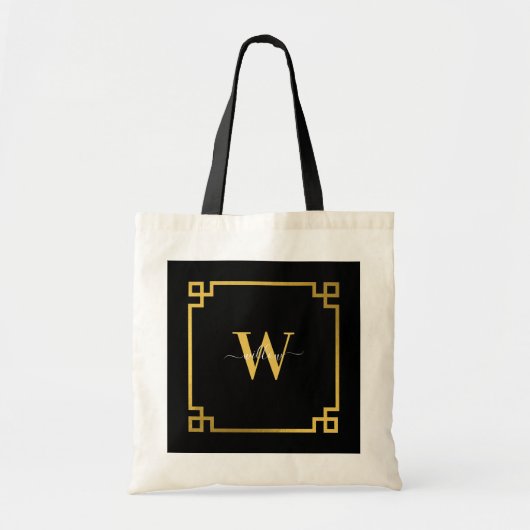 Black & Gikd Greek Key Monogrammen Tote Bag (Voorkant)
