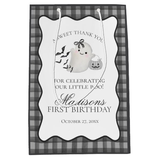 Black Gingham Cute Ghost Birthday Party Favors Medium Cadeauzakje (Voorkant)
