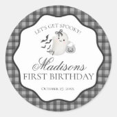 Black Gingham Little Boo Ghost Birthday Party Seal Ronde Sticker (Voorkant)